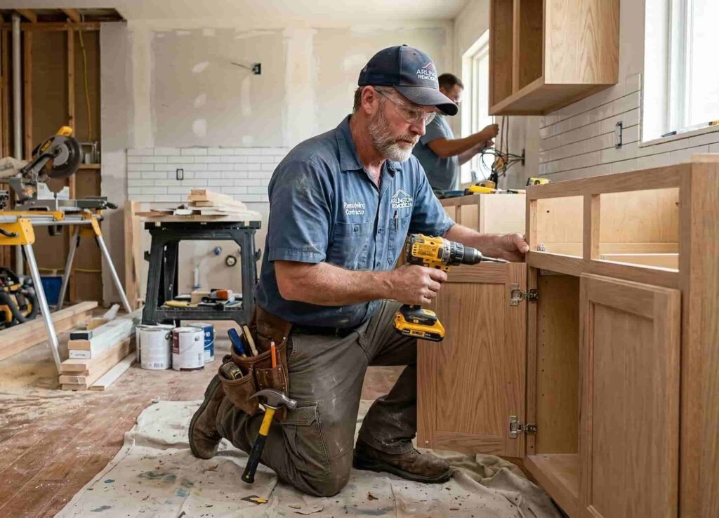 A highly skilled Arlington remodeling contractor precisely installing custom wooden kitchen cabinets with a power drill during a comprehensive home renovation.