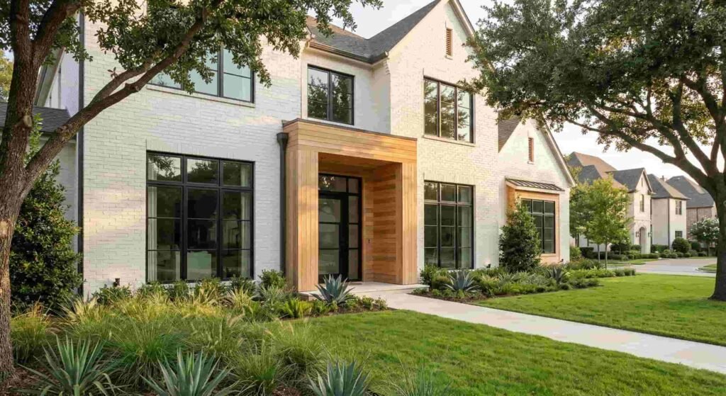 Exterior of a newly renovated upscale home with white painted brick and modern cedar wood accents, showcasing our expertise as a top Plano remodeling contractor.