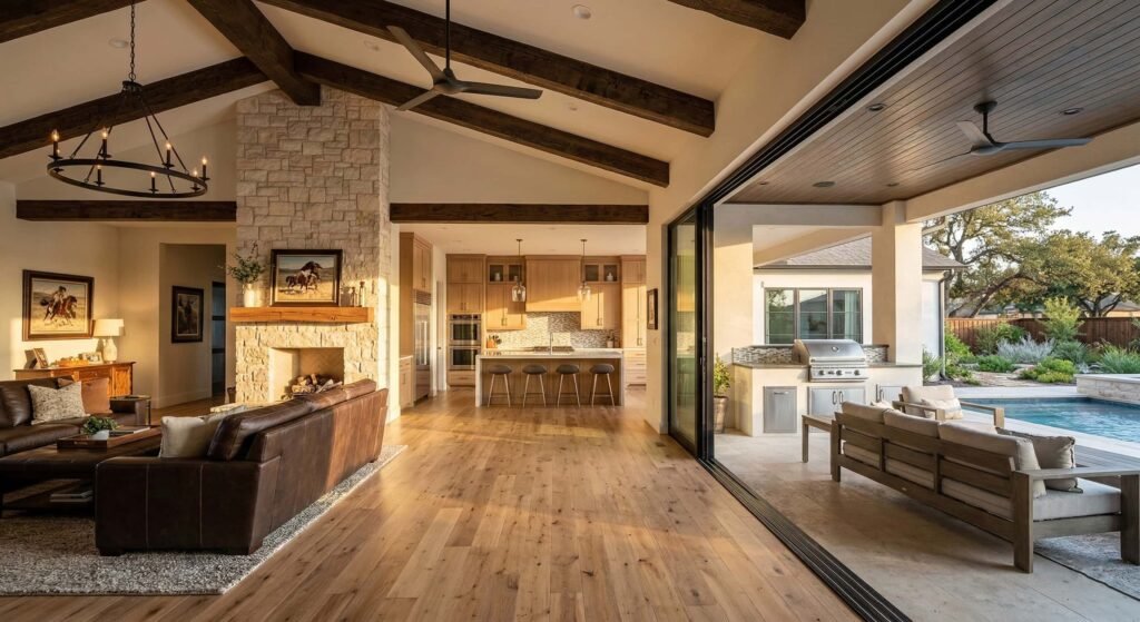 A luxurious open-concept living space seamlessly connecting to an outdoor kitchen and pool, showcasing a tailored design by a premier Arlington remodeling contractor.