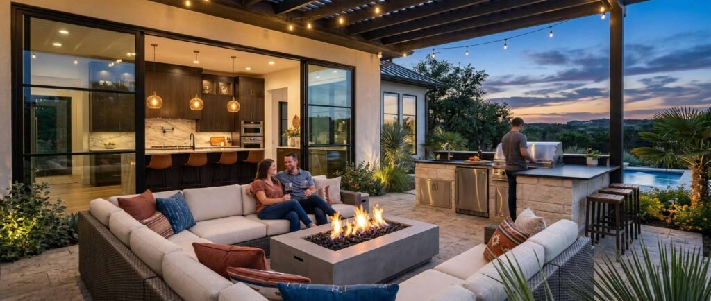 High-end luxury indoor-outdoor living space completed in Dallas, a key example of the quality across our Texas remodeling locations.