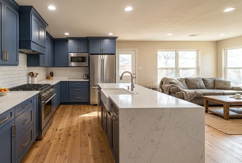 A photograph of a newly remodeled contemporary open-concept kitchen and living area. The kitchen features navy blue cabinetry, white quartz countertops with veining, brass hardware, and a subway tile backsplash. It flows into a cozy living space with a grey sectional sofa.