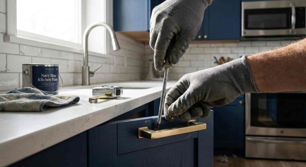professional remodeling contractor's hand (wearing a subtle grey work glove) precisely adjusting a brushed gold cabinet handle on a custom navy blue shaker-style kitchen cabinet