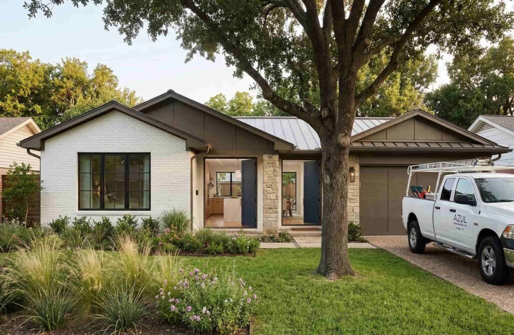 Exterior of a renovated modern ranch-style house in Arlington, Texas, featuring white brick and dark wood siding under a large oak tree. A white pickup truck with 'Azul Home Remodeling, Arlington, TX' printed on the door is parked in the gravel driveway.