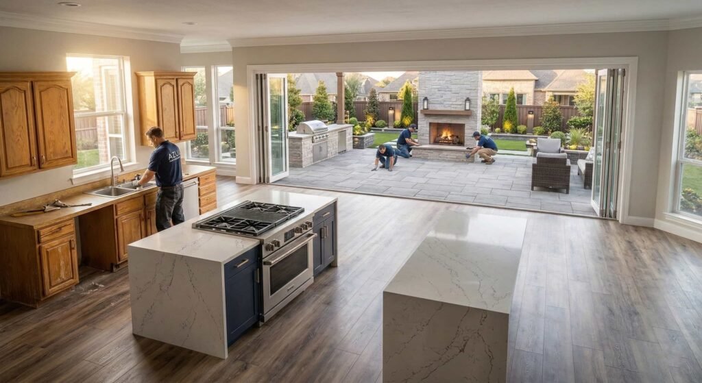 Azul Home Remodeling team working on a seamless indoor-to-outdoor kitchen and patio renovation, highlighting our expertise as a premier Plano remodeling contractor.