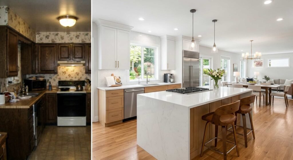 renovation, revealed as a bright, modern, highly functional white-and-wood open-concept kitchen with top-tier appliances